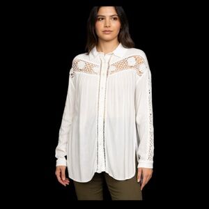 Free People Womens Blouse SP  Ivory  Crochet Lace Button-Down Relaxed Fit